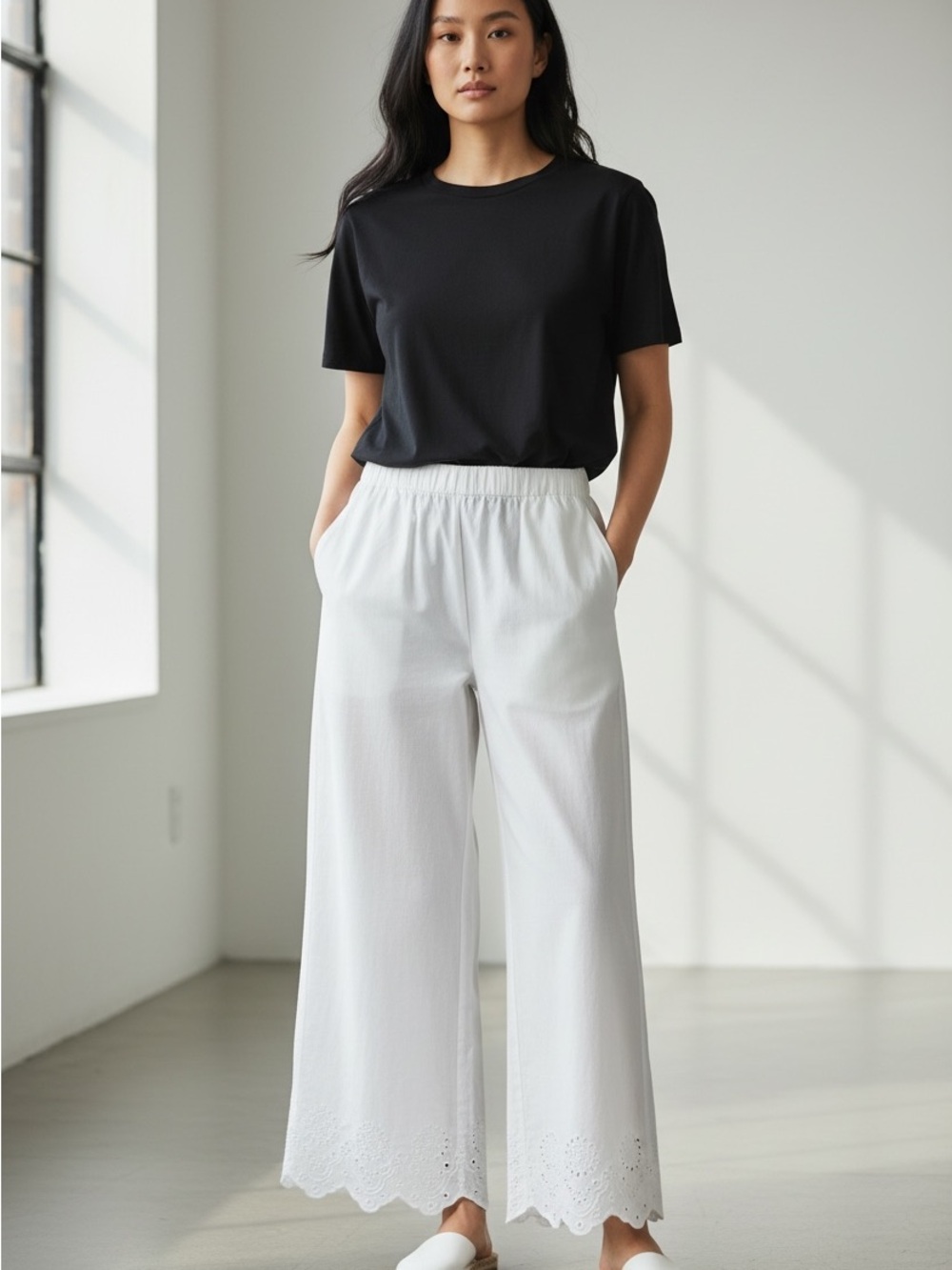 White Wide-Leg Eyelet Hem Pants with Elastic Waist